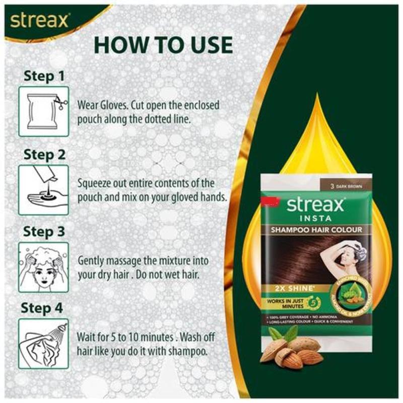 Streax Insta Shampoo Hair Colour - (3 Dark Brown) - 18 ml-