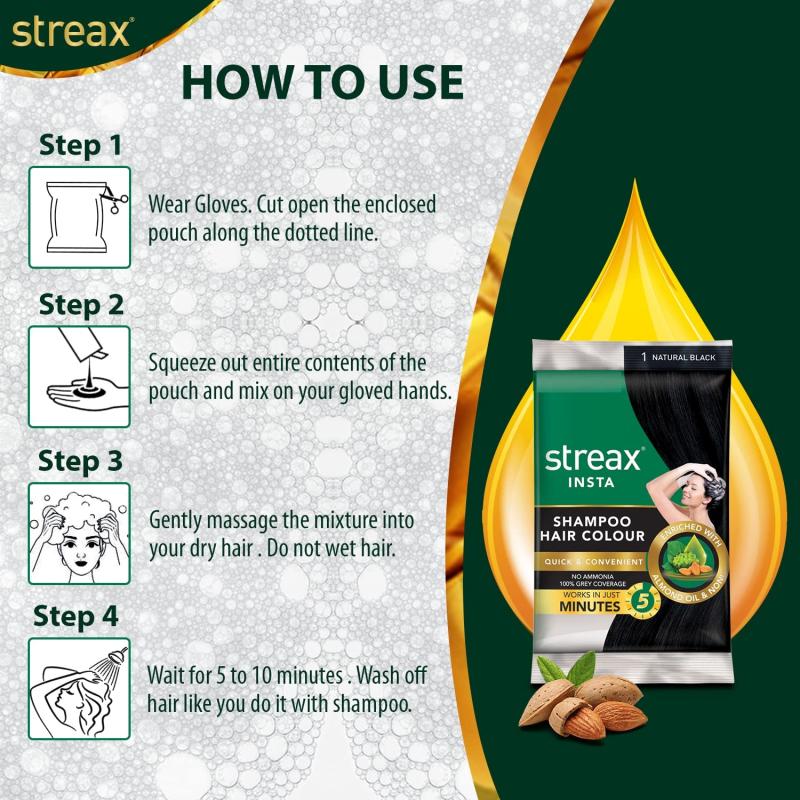 Streax Insta Shampoo Hair Colour - (1 Natural Black) - 18 ml
