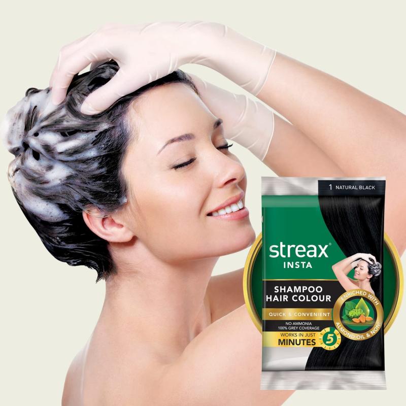 Streax Insta Shampoo Hair Colour - (1 Natural Black) - 18 ml