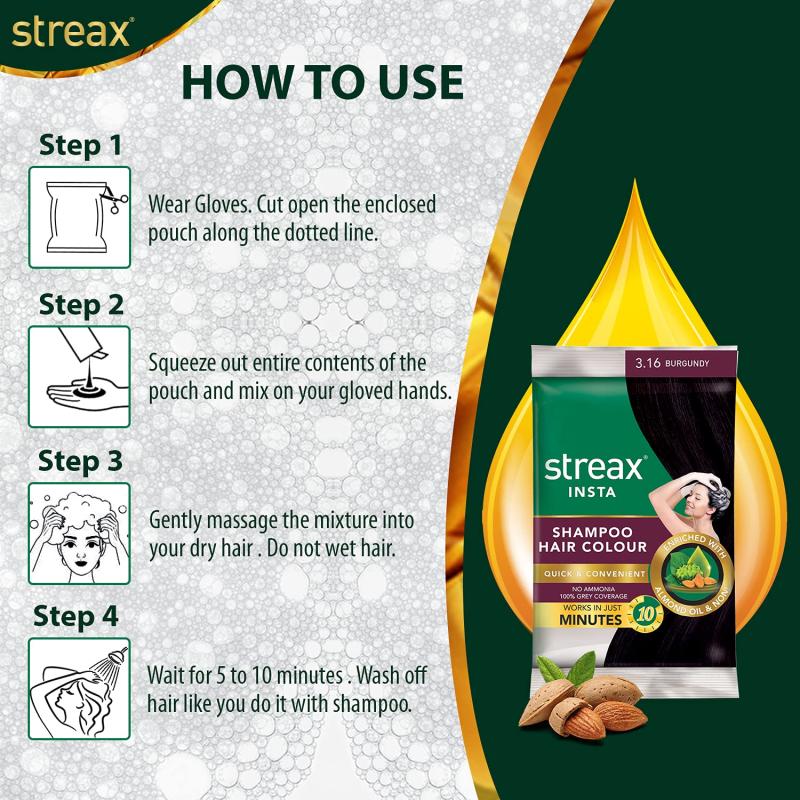 Streax Insta Shampoo Hair Colour - (3.16 Burgundy) - 18 ml